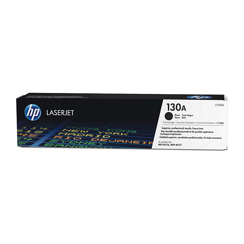 HP #130A Black Toner CF350A cartridge, designed for high-quality printing, yielding 1,300 pages, compatible with HP Color LaserJet Pro printers.