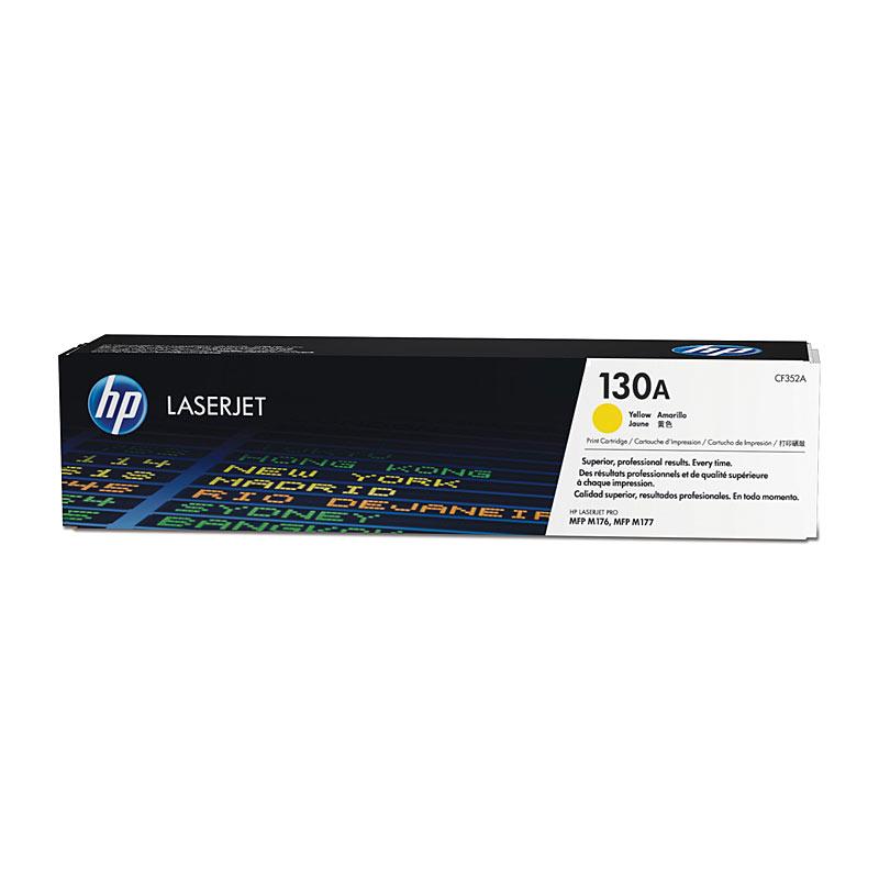 HP #130A Yellow Toner CF352A cartridge with packaging, designed for high-quality printing.