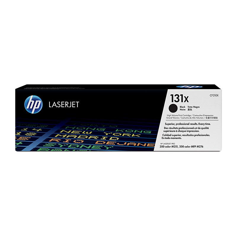 HP #131X Black Toner CF210X cartridge, designed for high-quality printing, yielding 2,400 pages, compatible with HP LaserJet Pro printers.