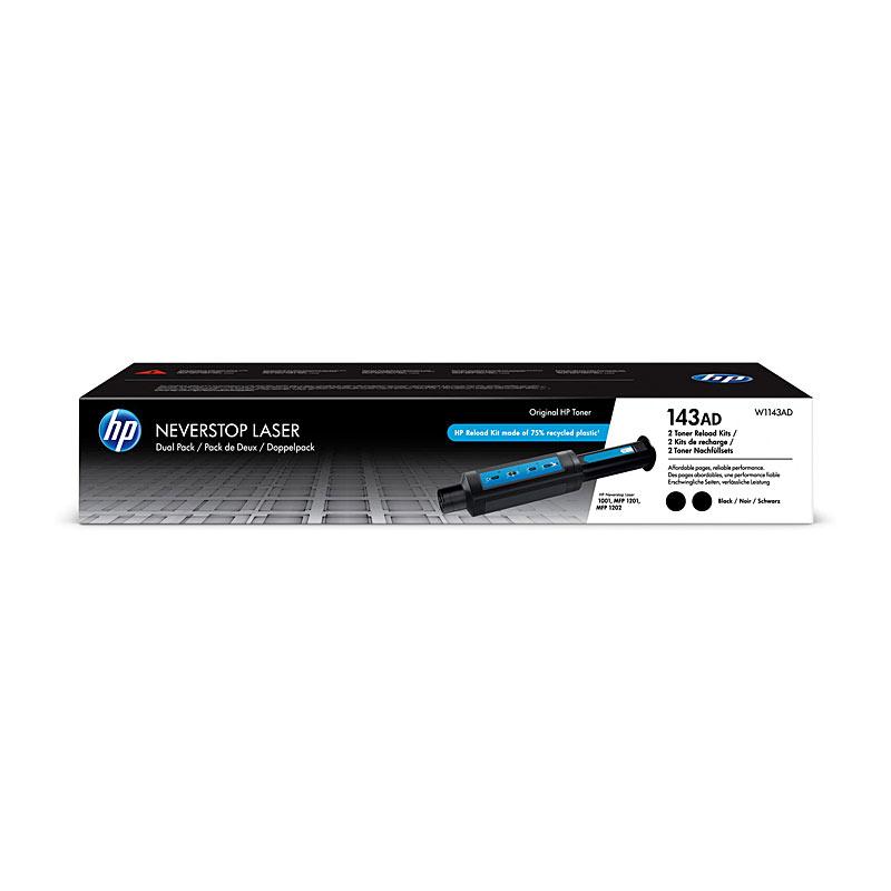 HP #143AD Twin Pack W1143AD toner cartridges, featuring two black cartridges designed for high-quality printing.