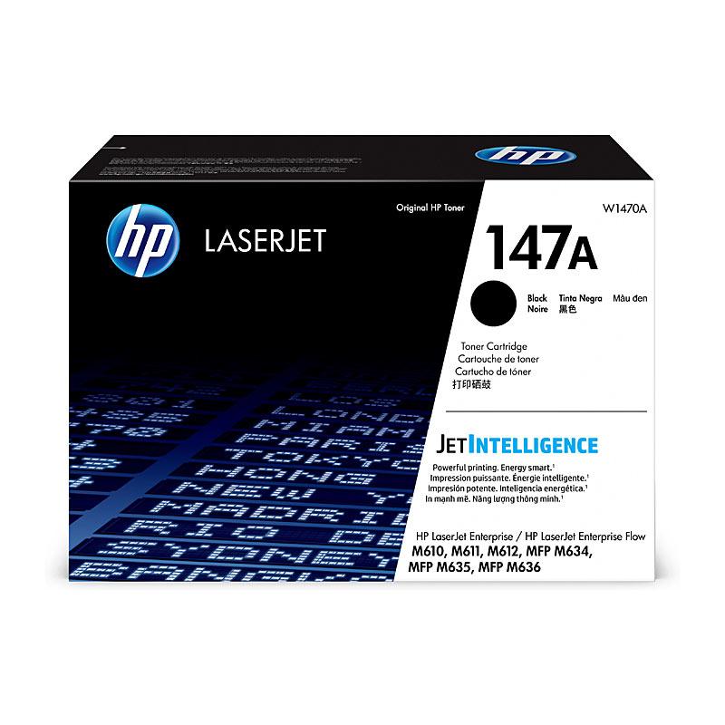 HP #147A Black Toner W1470A cartridge, designed for high-volume printing with a yield of 10,500 pages, compatible with various HP LaserJet printers.