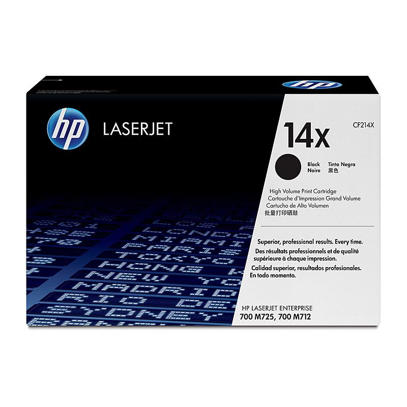 HP #14X Black Toner CF214X cartridge, designed for high-volume printing with a yield of 17,500 pages, compatible with HP LaserJet printers.