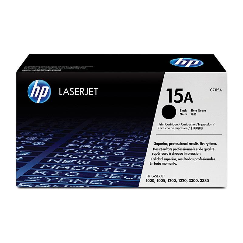 HP #15A Black Toner C7115A cartridge, designed for high-quality printing with a yield of 2,500 pages, compatible with multiple HP LaserJet printers.