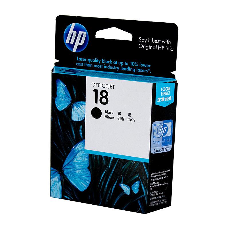 HP #18 Black Ink Cartridge C4936A, a genuine ink cartridge designed for high-quality printing, yielding up to 850 pages.