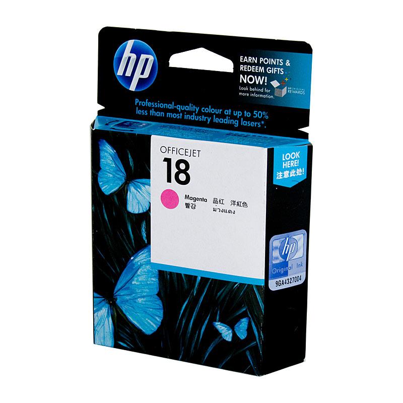 HP #18 Magenta Ink Cartridge C4938A, showcasing vibrant magenta color and packaging details.