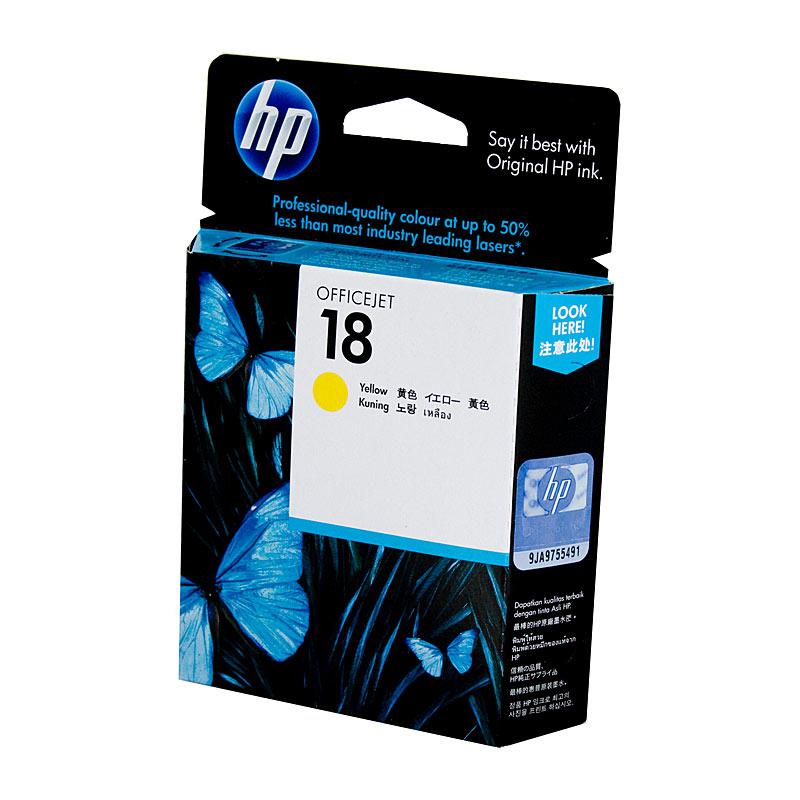 HP #18 Yellow Ink Cartridge C4939A, a genuine ink cartridge designed for vibrant printing, compatible with multiple HP printers.