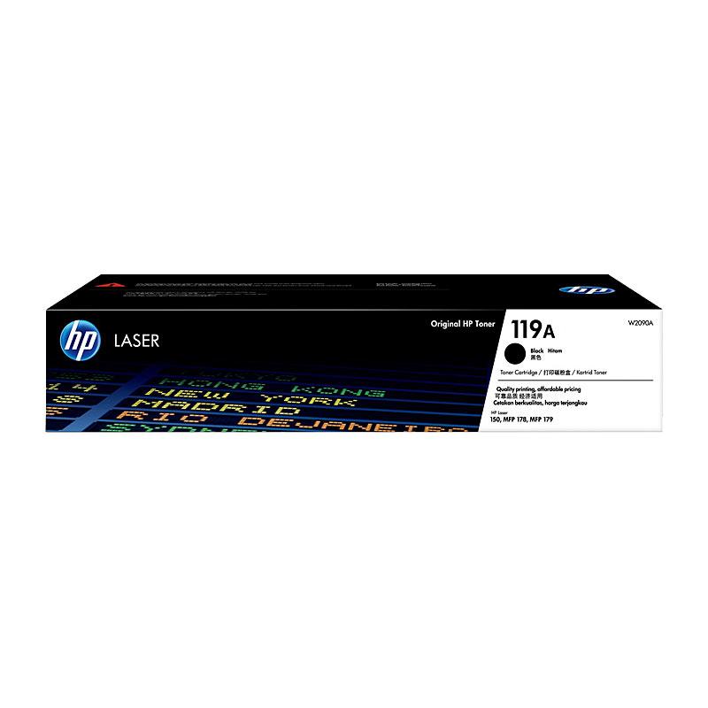 HP #119A Black Toner W2090A cartridge with packaging, designed for high-quality printing.