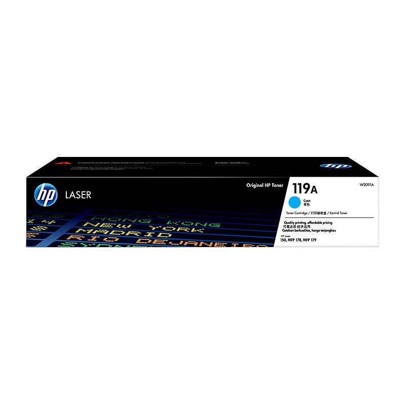 HP #119A Cyan Toner W2091A cartridge, vibrant cyan color, designed for high-quality printing.