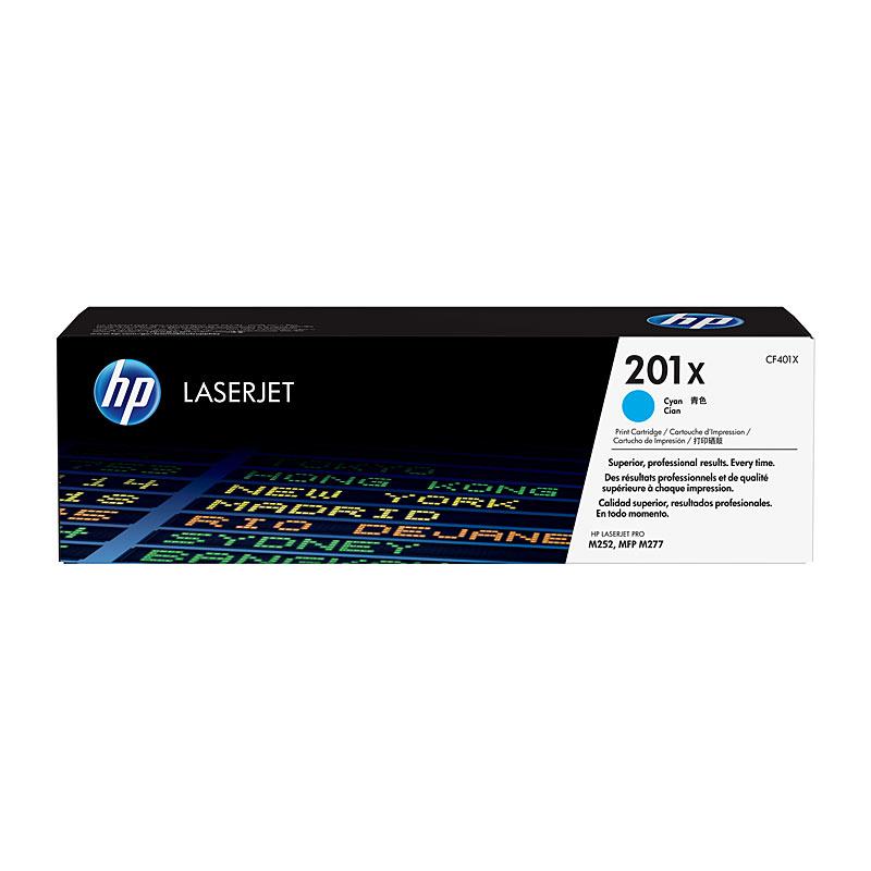 HP #201X Cyan Toner CF401X cartridge, designed for high-quality printing with a yield of 2,300 pages, compatible with various HP printers.