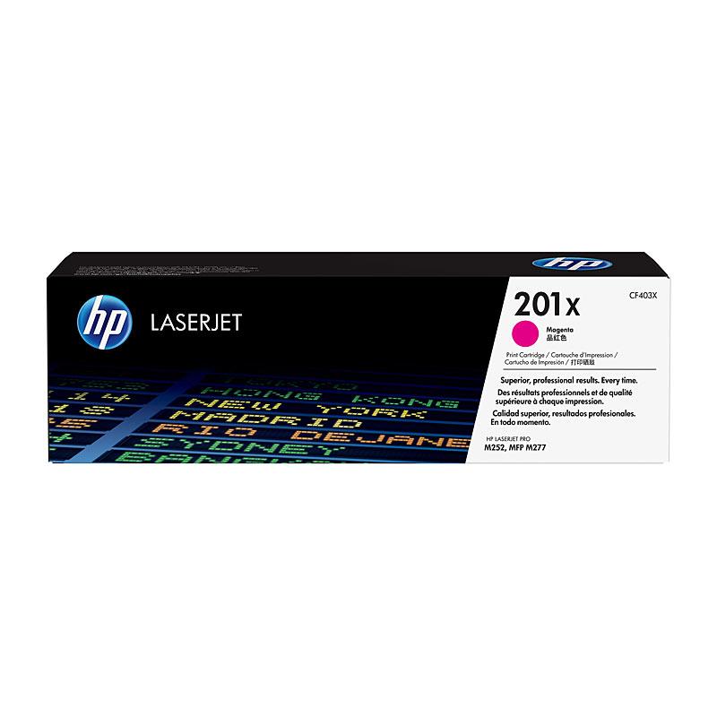 HP #201X Magenta Toner CF403X cartridge, vibrant magenta color, designed for high-quality printing.