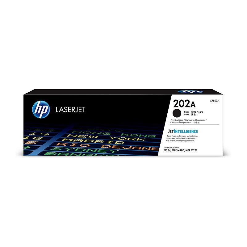 HP #202A Black Toner CF500A cartridge, designed for high-quality printing with a yield of 1,400 pages, compatible with select HP printers.