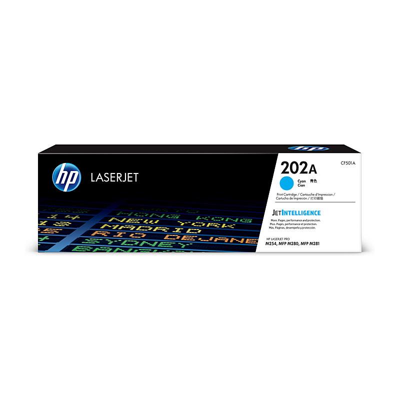 HP #202A Cyan Toner CF501A cartridge, vibrant cyan color, designed for high-quality printing.