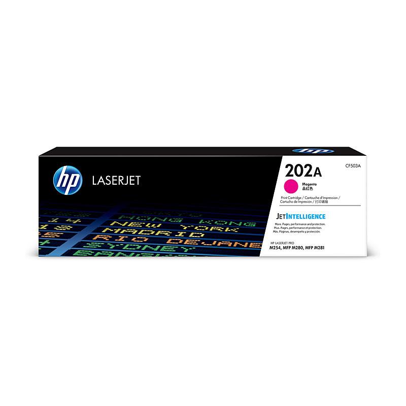 HP #202A Magenta Toner CF503A cartridge with vibrant magenta color, designed for high-quality printing.