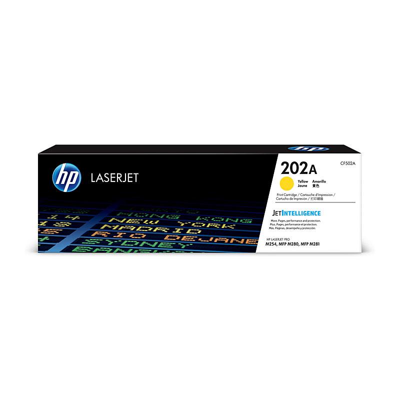 HP #202A Yellow Toner CF502A cartridge, showcasing its vibrant yellow color and sleek design, ideal for high-quality printing.