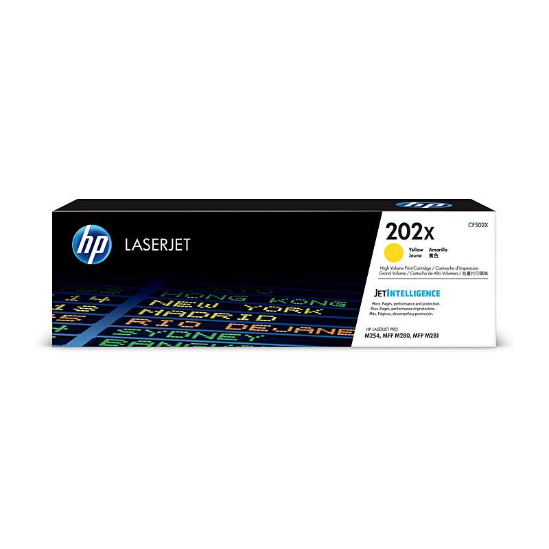 HP #202X Yellow Toner CF502X cartridge, designed for high-quality printing with vibrant yellow color.