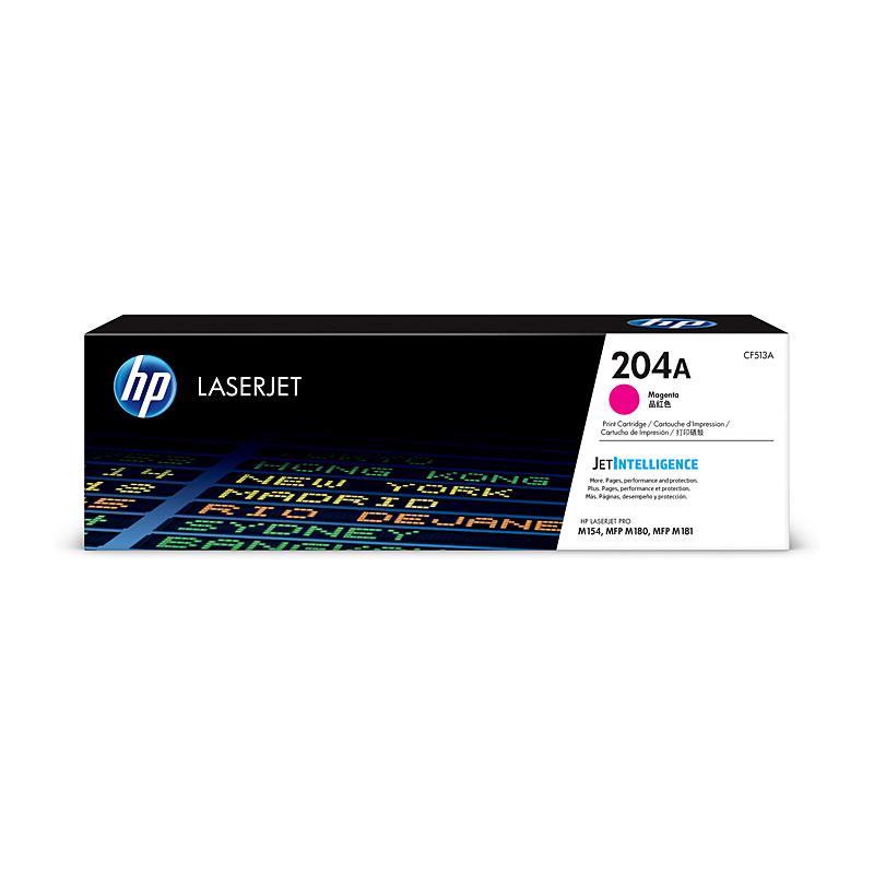 HP #204A Magenta Toner CF513A cartridge, vibrant magenta color, designed for high-quality printing.