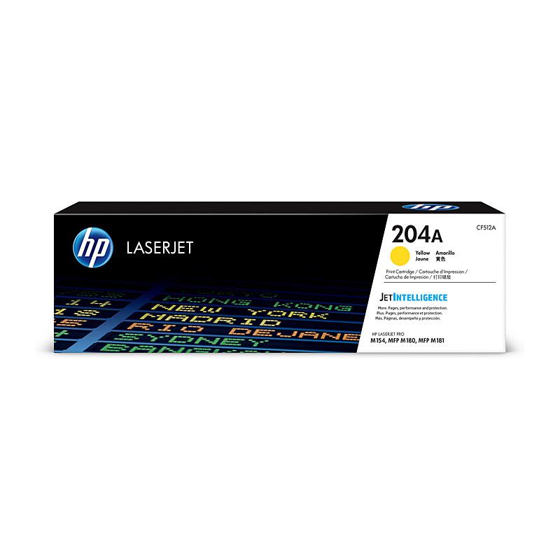 HP #204A Yellow Toner CF512A cartridge, designed for vibrant color printing, yielding up to 900 pages.