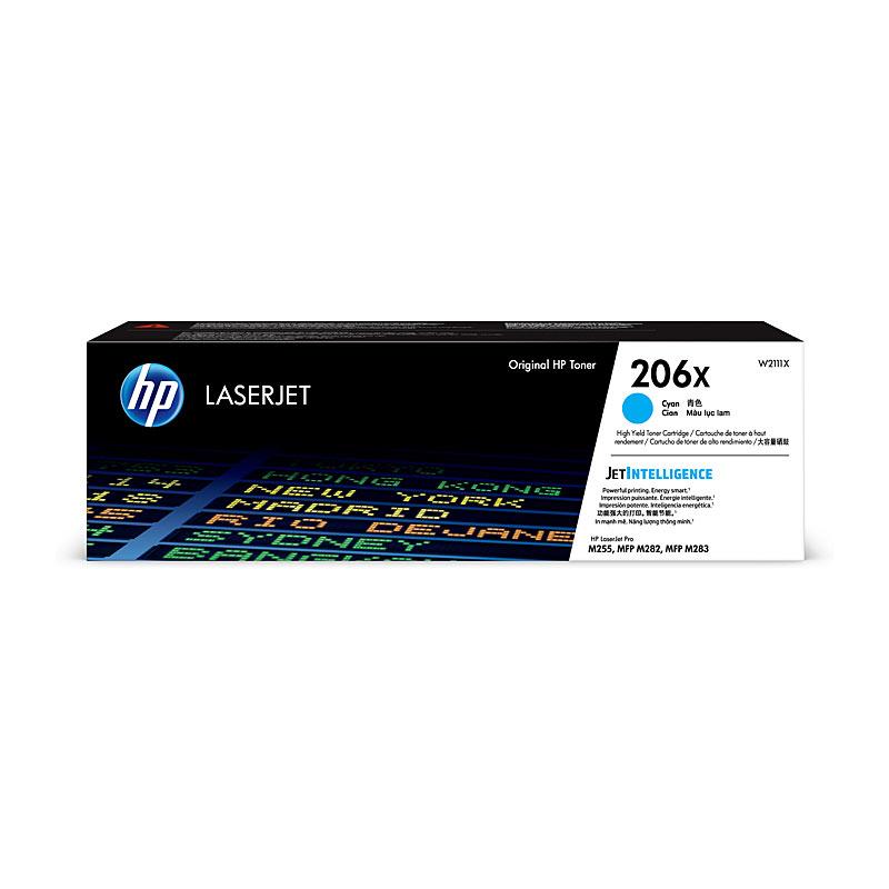 HP #206X Cyan Toner W2111x cartridge, vibrant cyan color, designed for HP LaserJet Pro printers.