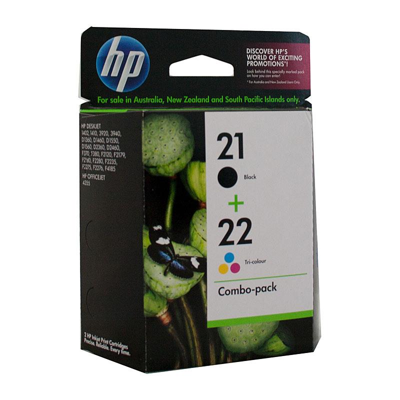 HP #21/22 Ink Twin Pack featuring black and color cartridges for high-quality printing.