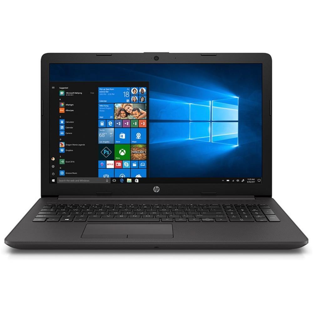 HP 250 G7 notebook featuring a 15.6-inch HD display, Celeron 3867U processor, 4GB RAM, and 128GB SSD in a sleek design.