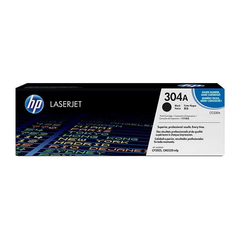 HP #304A Black Toner CC530A cartridge, designed for high-quality printing with a yield of 3,500 pages, compatible with HP Color LaserJet printers.