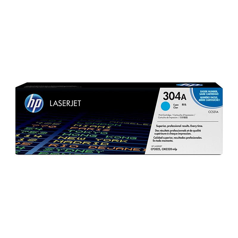 HP #304A Cyan Toner CC531A cartridge, vibrant cyan color, designed for high-quality printing.