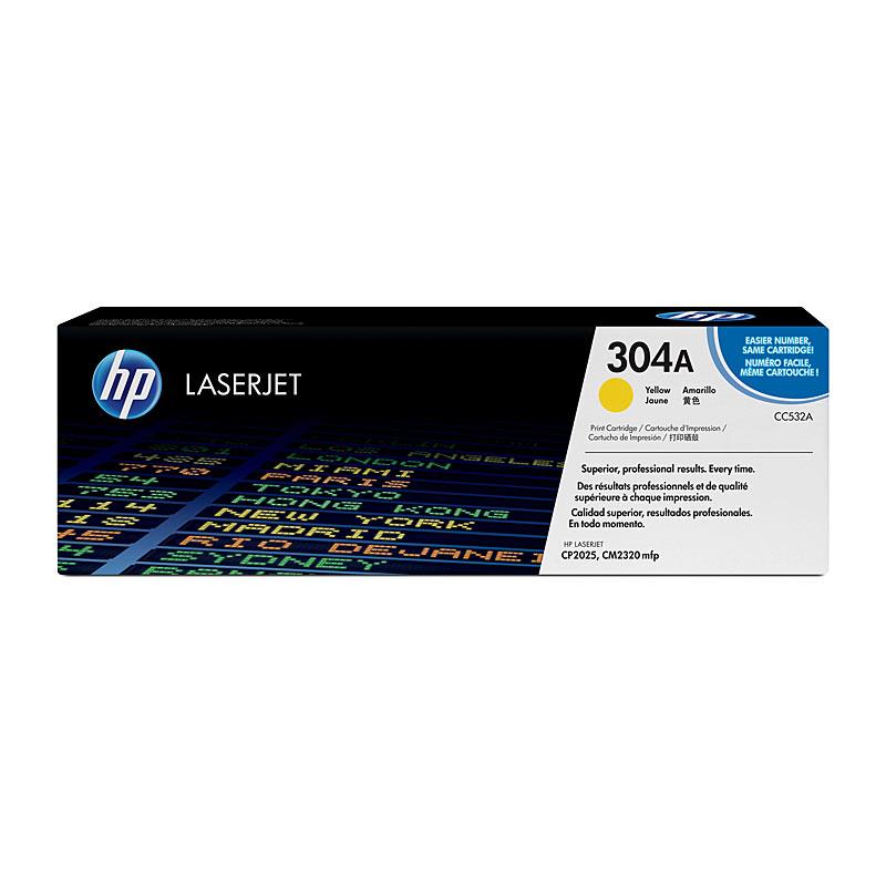 HP #304A Yellow Toner CC532A cartridge, designed for vibrant color printing, compatible with HP Color LaserJet printers.