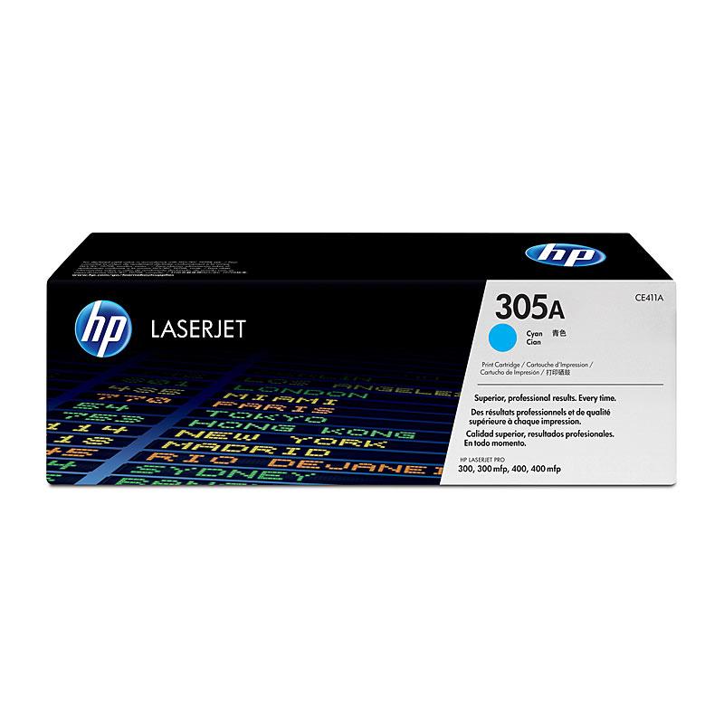 HP #305 Cyan Toner CE411A cartridge, vibrant cyan color, designed for HP LaserJet printers.