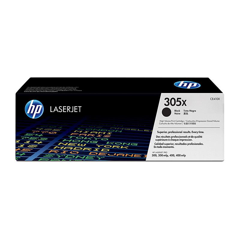 HP #305X Black Toner CE410X cartridge, designed for high-quality printing, yielding up to 4,000 pages, compatible with various HP LaserJet printers.