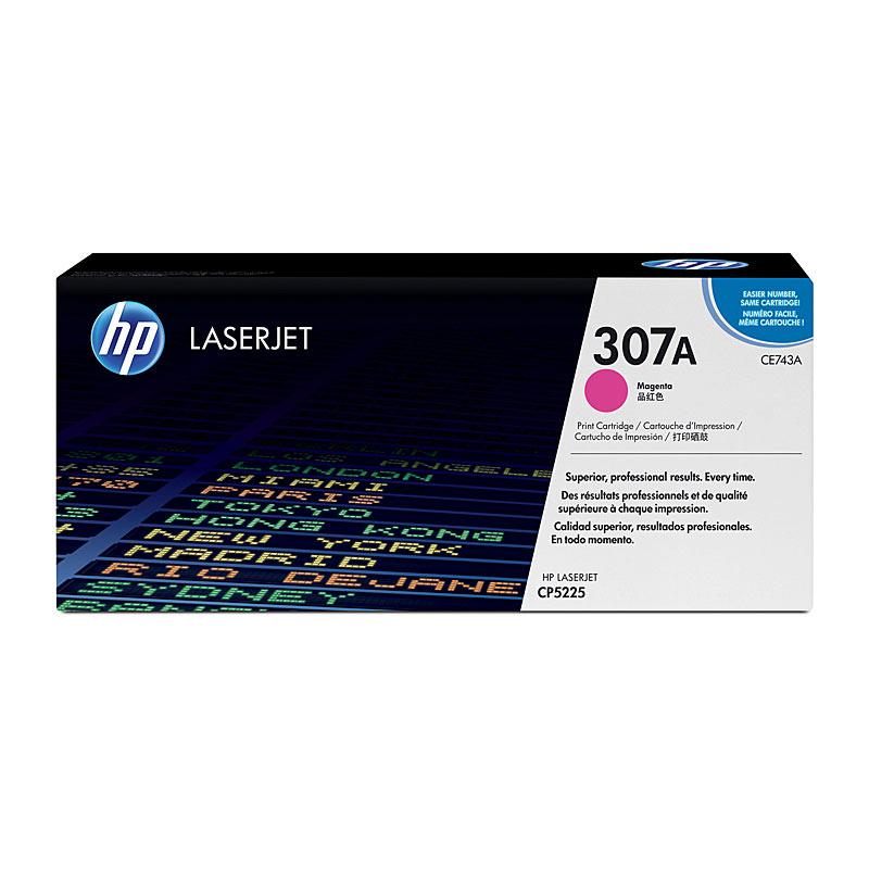 HP #307A Magenta Toner CE743A cartridge, vibrant magenta color, designed for HP LaserJet printers.