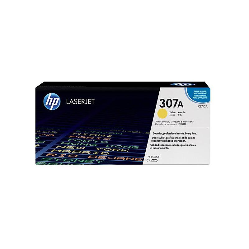 HP #307A Yellow Toner CE742A cartridge, designed for high-quality printing with vibrant yellow color output.