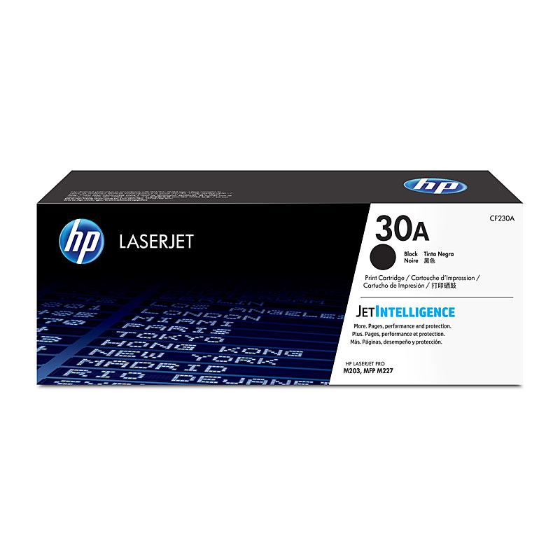 HP #30A Black Toner CF230A cartridge, designed for high-quality printing with a yield of 1,600 pages, compatible with various HP LaserJet printers.