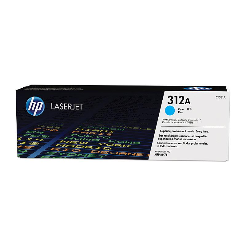 HP #312A Cyan Toner CF381A cartridge with vibrant cyan color, designed for high-quality printing.