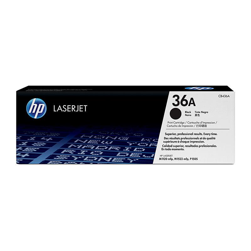 HP #36A Twin Pack CB436AD toner cartridges, featuring two black toner cartridges for HP printers.