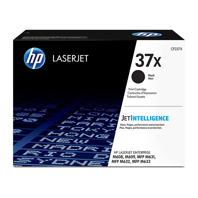 HP #37X Black Toner CF237X cartridge, designed for high-volume printing with a yield of 25,000 pages, compatible with various HP LaserJet printers.