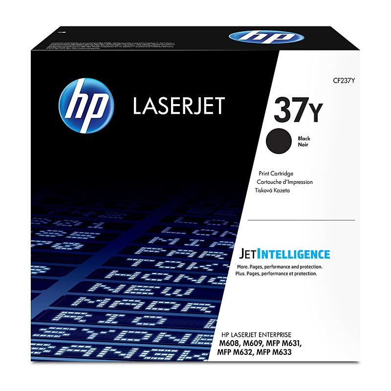 HP #37Y Black Toner CF237Y cartridge, designed for high-volume printing with a yield of 41,000 pages, compatible with various HP LaserJet printers.