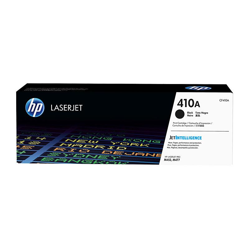 HP #410A Black Toner CF410A cartridge, designed for high-quality printing with a yield of 2,300 pages, compatible with multiple HP printers.