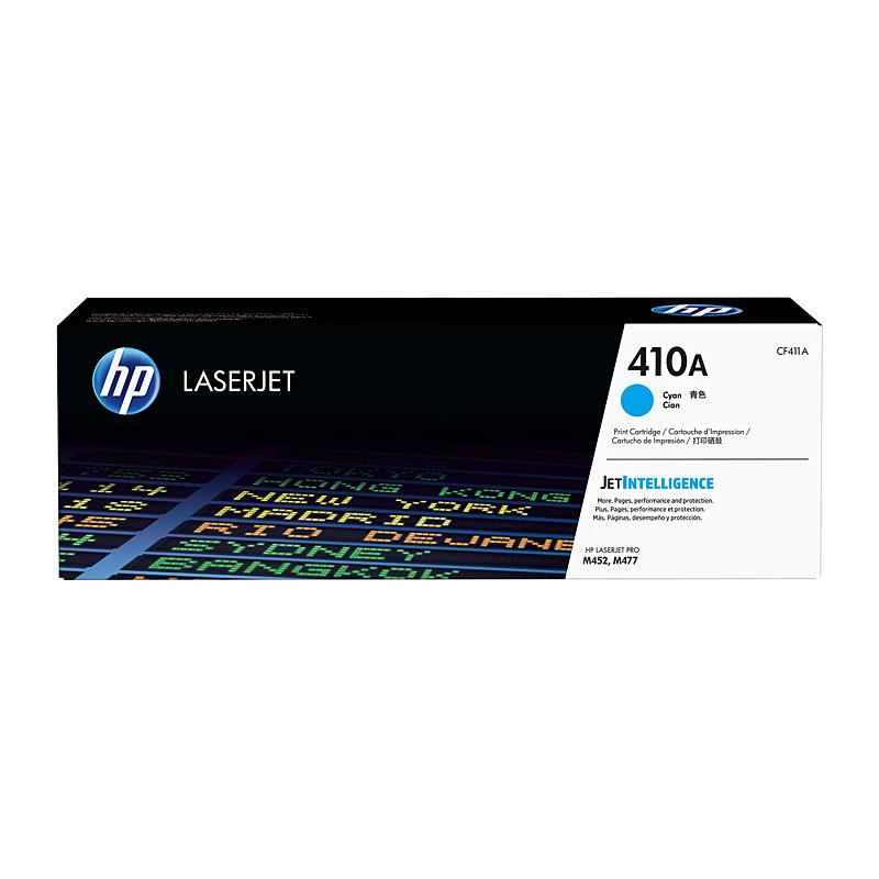 HP #410A Cyan Toner CF411A cartridge with vibrant cyan color, designed for high-quality printing.