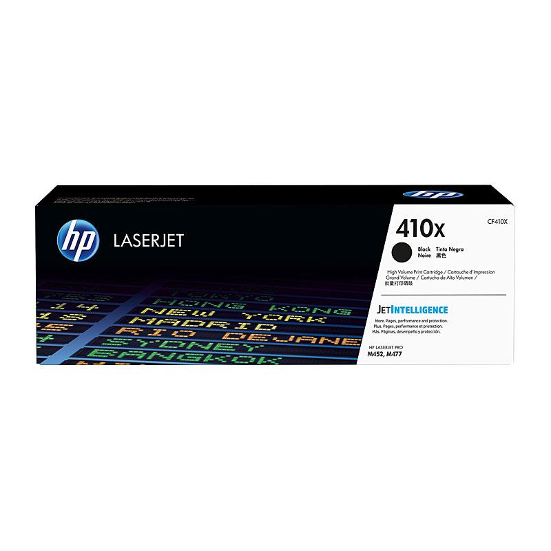 HP #410X Black Toner CF410X cartridge, designed for high-quality printing with a yield of 6,500 pages, compatible with various HP printers.