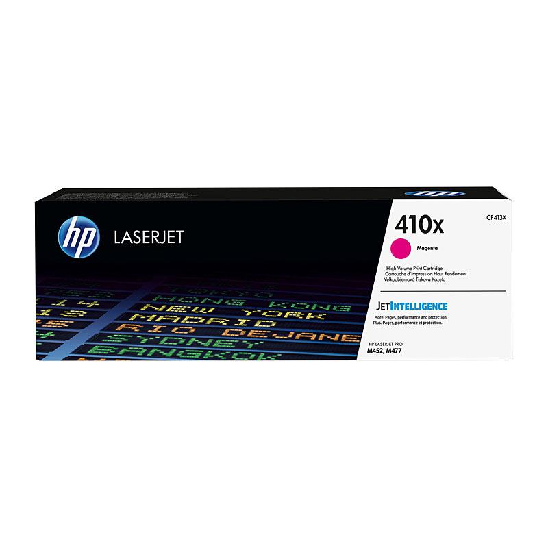 HP #410X Magenta Toner CF413X cartridge, vibrant magenta color, designed for high-quality printing.