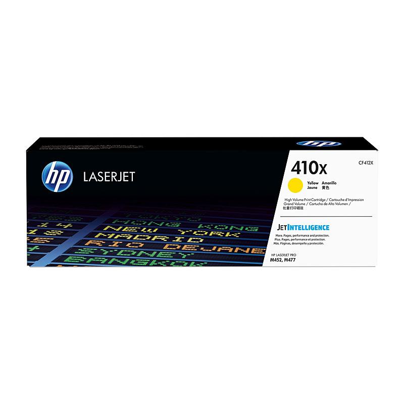 HP #410X Yellow Toner CF412X cartridge, designed for high-quality printing with vibrant yellow color.