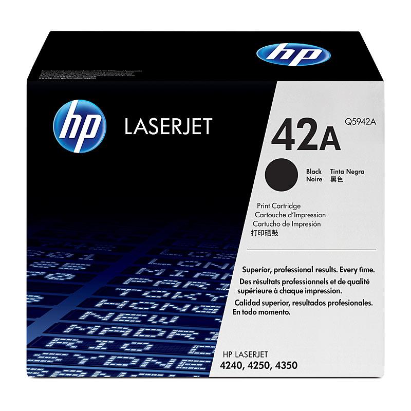 HP #42A Black Toner Q5942A cartridge, designed for high-quality printing, yielding 10,000 pages, compatible with HP LaserJet printers.