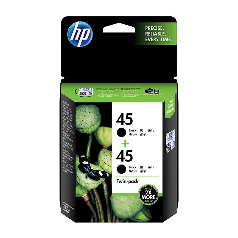 HP #45 Black Ink Twin Pack featuring two cartridges designed for high-quality printing, yielding 833 pages each, compatible with various HP printers.