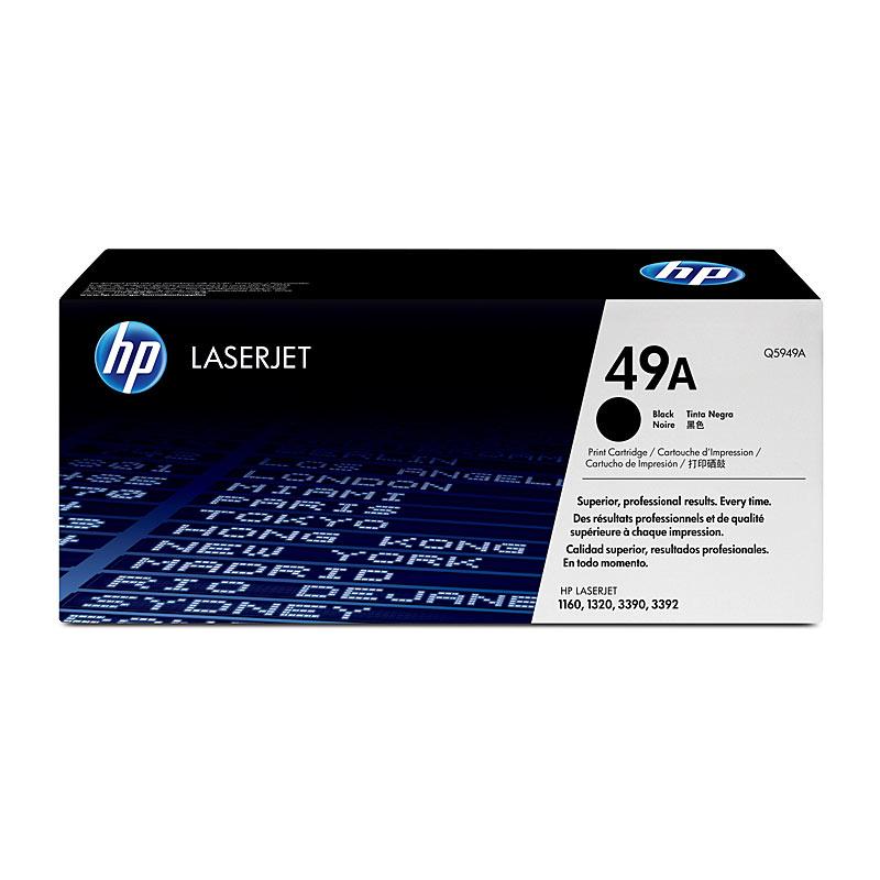 HP #49A Black Toner Q5949A cartridge, designed for high-quality printing with a yield of 2,500 pages, compatible with various HP LaserJet printers.