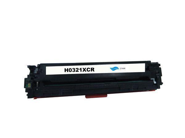 HP CE321 #128A Cyan Premium Remanufactured Toner cartridge with vibrant cyan color, designed for high-quality printing.