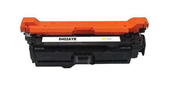 HP CE402A #507A Premium Remanufactured Yellow Toner Cartridge with packaging, designed for high-quality printing.