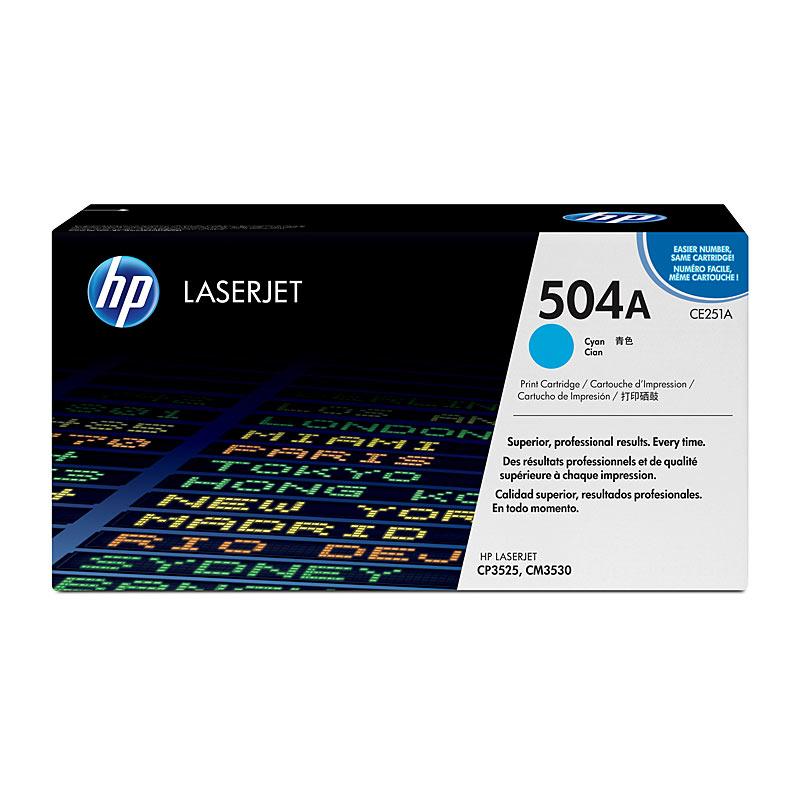 HP #504A Cyan Toner CE251A cartridge, designed for high-quality printing with a yield of 7,000 pages.