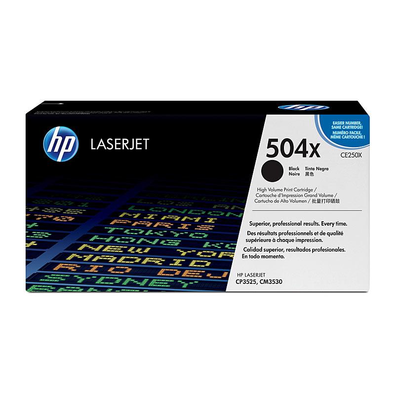 HP #504X Black Toner CE250X cartridge, designed for high-quality printing with a yield of 10,500 pages, compatible with HP Color LaserJet printers.