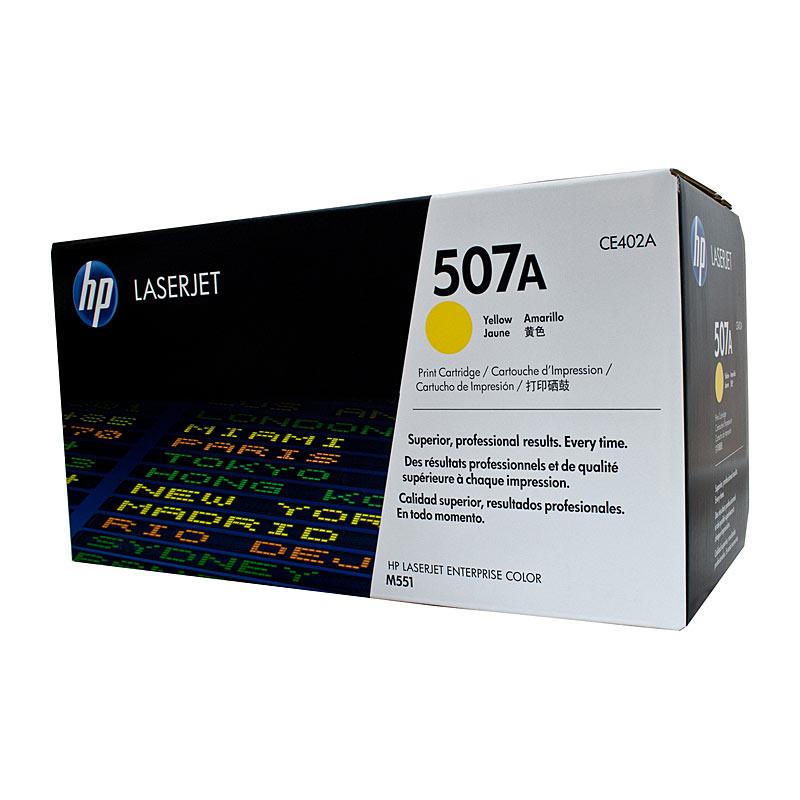 HP #507A Yellow Toner CE402A cartridge with vibrant yellow color, designed for high-quality printing.