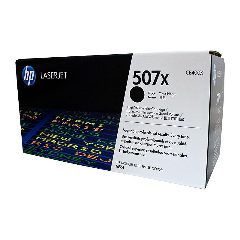 HP #507X Black Toner CE400X cartridge, designed for high-volume printing with a yield of 11,000 pages.